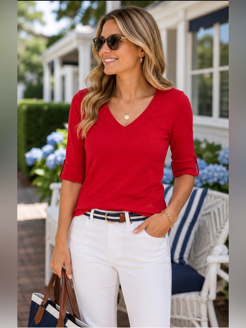 Lauren Ralph Lauren Red Stretch Cotton Elbow Sleeve V-Neck Tee Medium